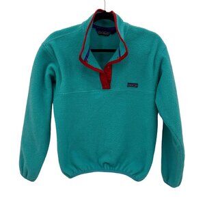 Patagonia Fleece Pullover WOMENS Size 12 Medium Teal Red Made USA VTG Cozy 90s
